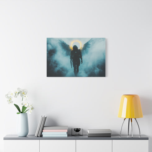 Cyberpunk Angel Walking through Fog Stretched Canvas Wall Art