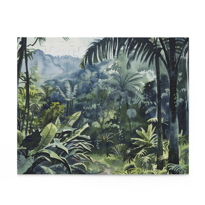 "Vibrant Congo Rainforest Watercolor Puzzle - lush greenery and exotic wildlife in intricate detail"