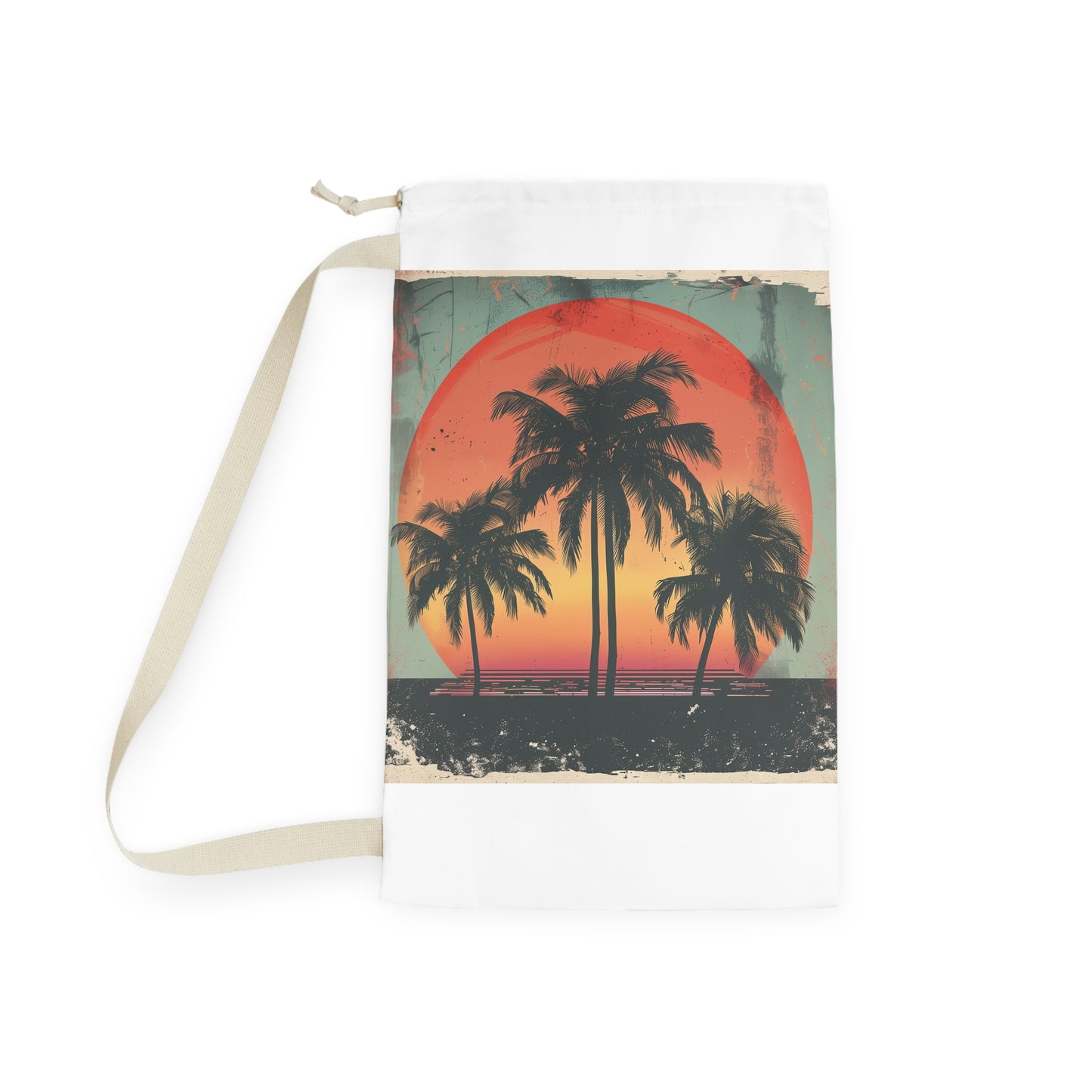 "Retro Sunset Palm Tree Laundry Bag - Stylish organizer for laundry with tropical palm tree design"