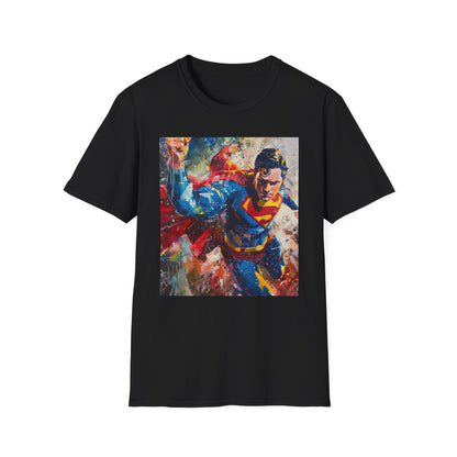 Kryptonian Radiance: The Unstoppable Force of Superman | T-Shirt | artist, artistry, artwork, bold, brilliant, canvas, classic, colorful, comic book, DC Comics, dynamic., hero, heroic, iconic, inspiring, paintbrush, painting, retro., Superman, vintage | Prints with Passion