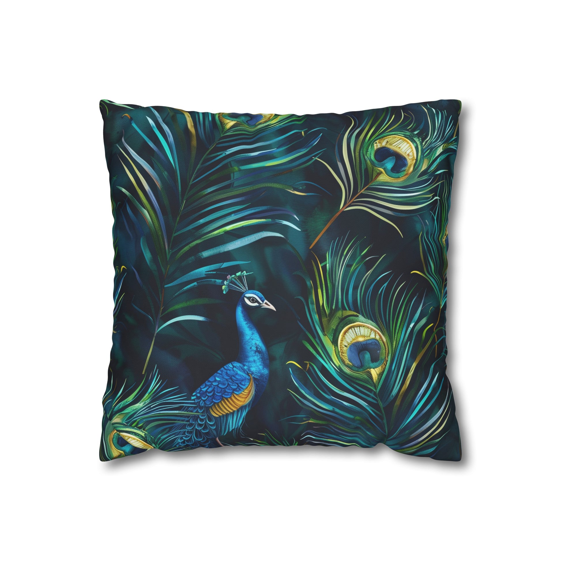 "Vibrant blue peacock feather pillowcase, elegant pattern for luxurious bedroom decor"