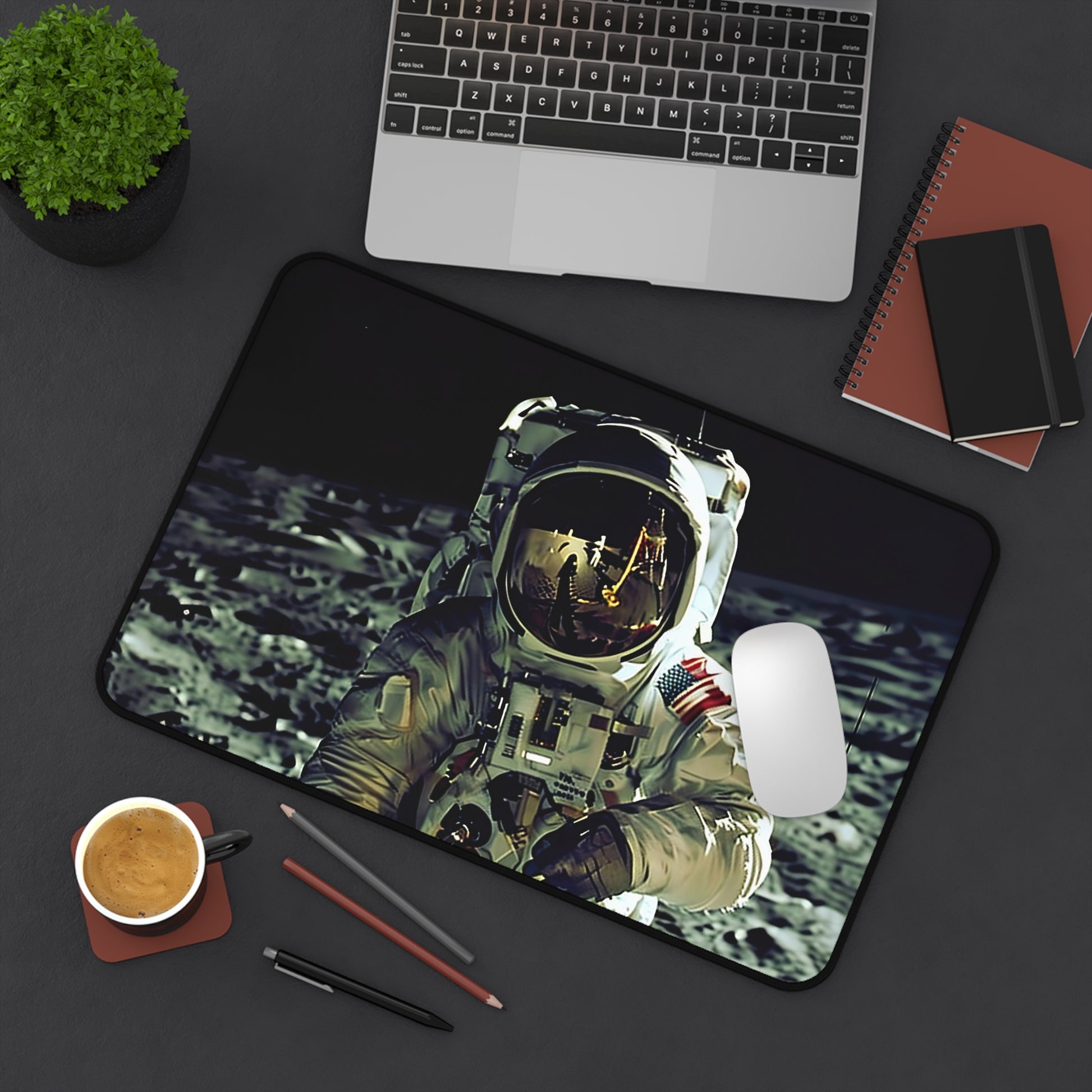 "Spaceman Adventure Desk Mat: Explore the galaxy with a spaceman in space, unique and inspiring desk accessory"