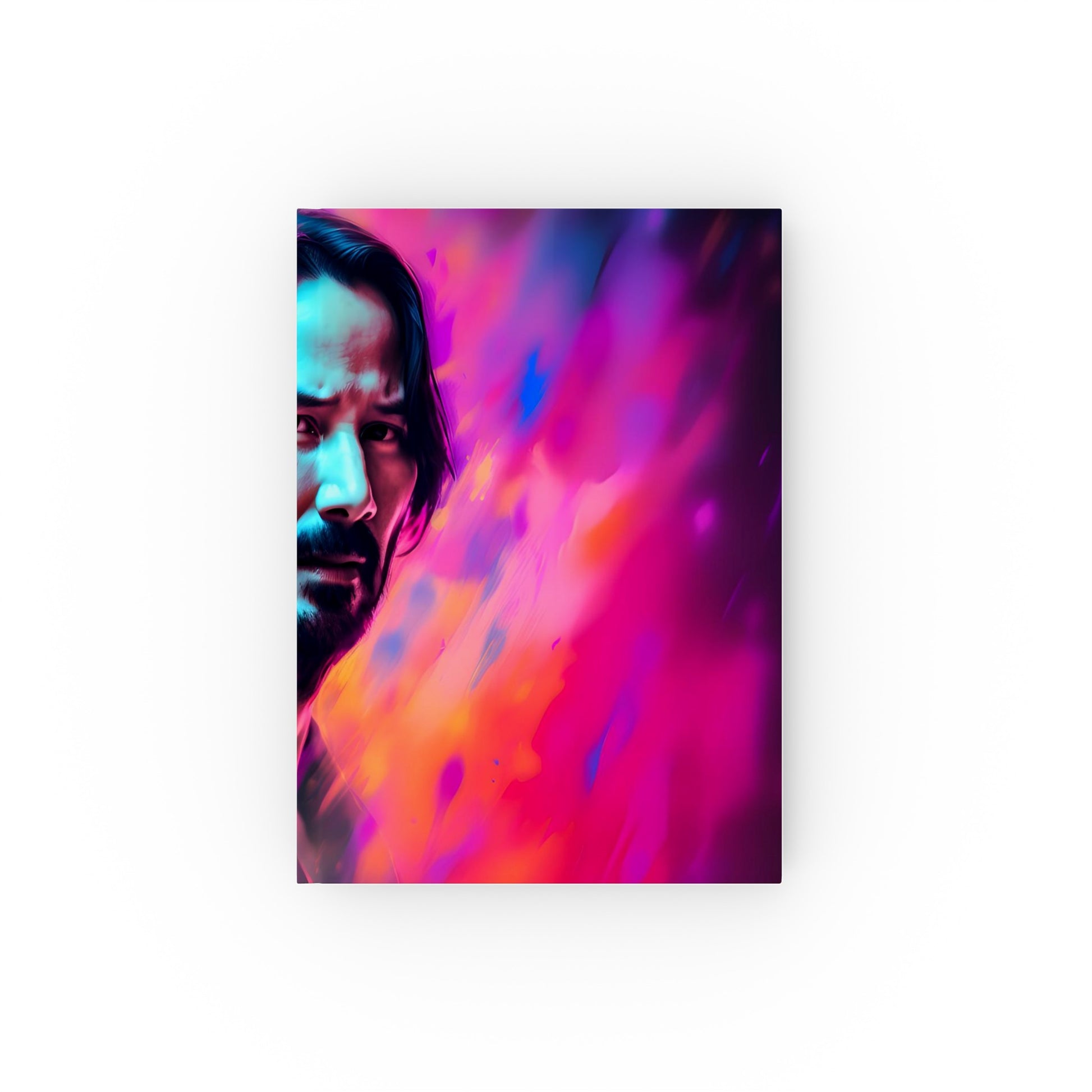 "Keanu in Neon Journal - Vibrant watercolor portrait of Keanu Reeves on high-quality cover. Perfect for movie buffs and Keanu fans!"