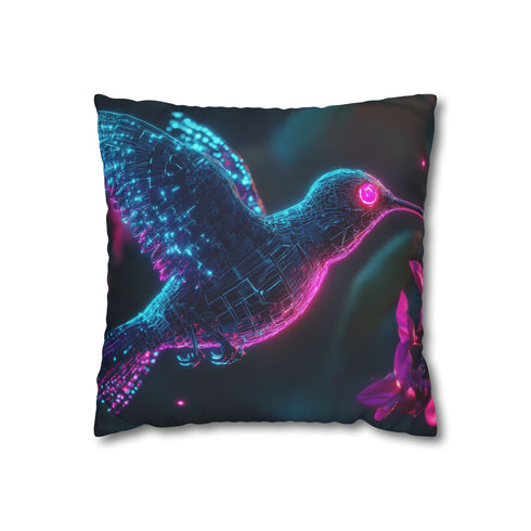 Cybernetic Hummingbird Near Neon Flowers — 40×40 Cushion Cover — Front 40×40 cm Square Cushion View