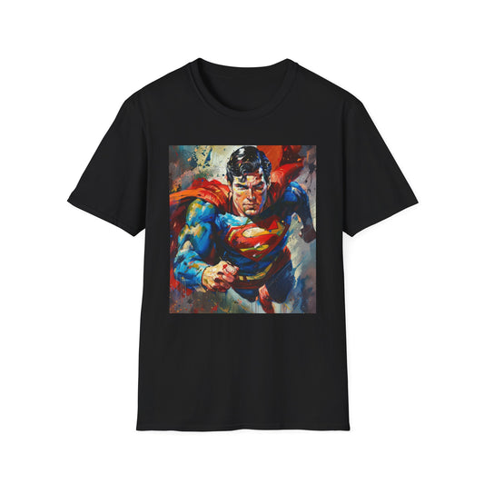 Kryptonian Legacy: The Timeless Strength of Superman | T-Shirt | Colorful chaos, Flying Superman, Graffiti-, Metropolis cityscape, Paint splatters, Skylines of buildings, Superman logo, Superman red cape, Superman suit | Prints with Passion