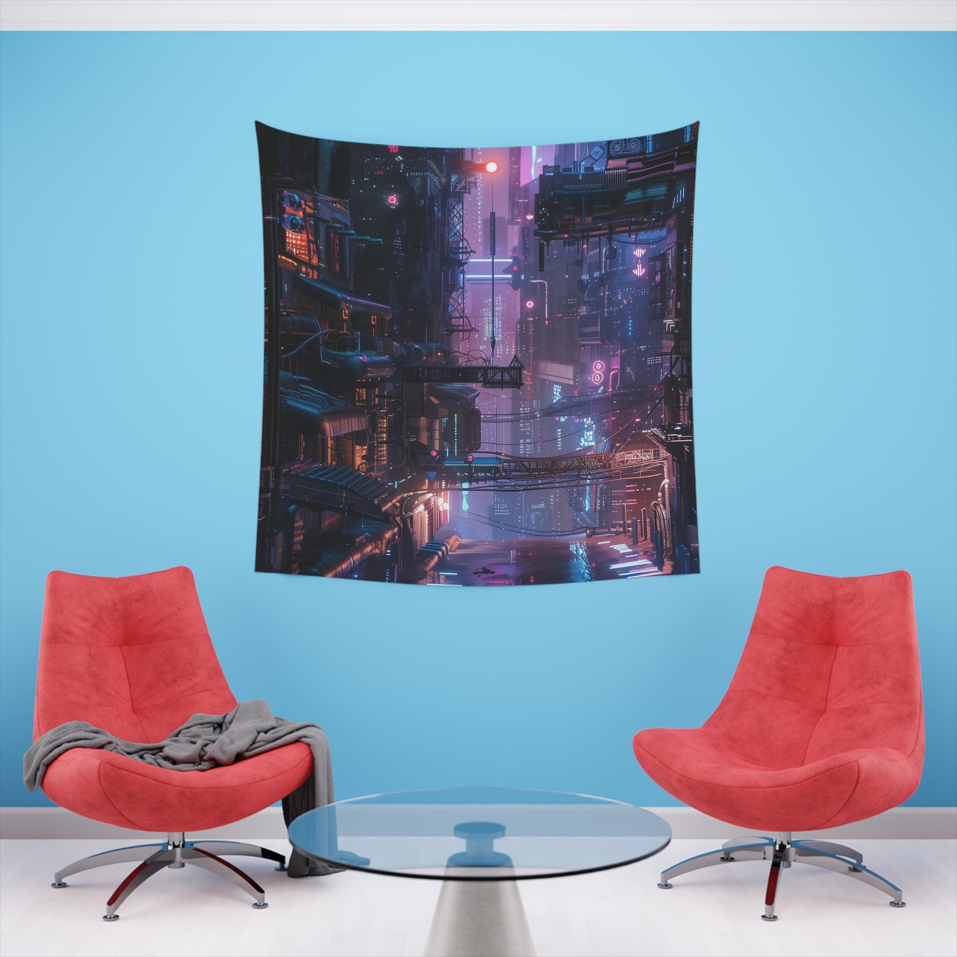 Neon Metropolis: A Cyberpunk Tapestry | Wall Tapestry | All Over Print, AOP, Decor, Halloween, Home & Living, Home Decor, Indoor, Spring Essentials, Sublimation, Tapestry | Prints with Passion