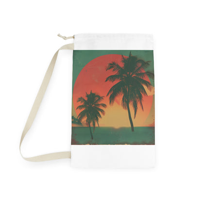 "Retro sunset palm tree laundry bag for stylish laundry routine"