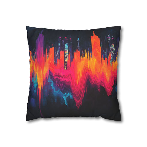 Soundwave Forming a Neon Skyline — 40×40 Cushion Cover — Front 40×40 cm Square Cushion View