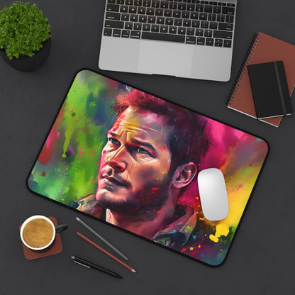 Neon Chris Pratt Desk Mat - Vibrant watercolor design, perfect for brightening up your workspace.