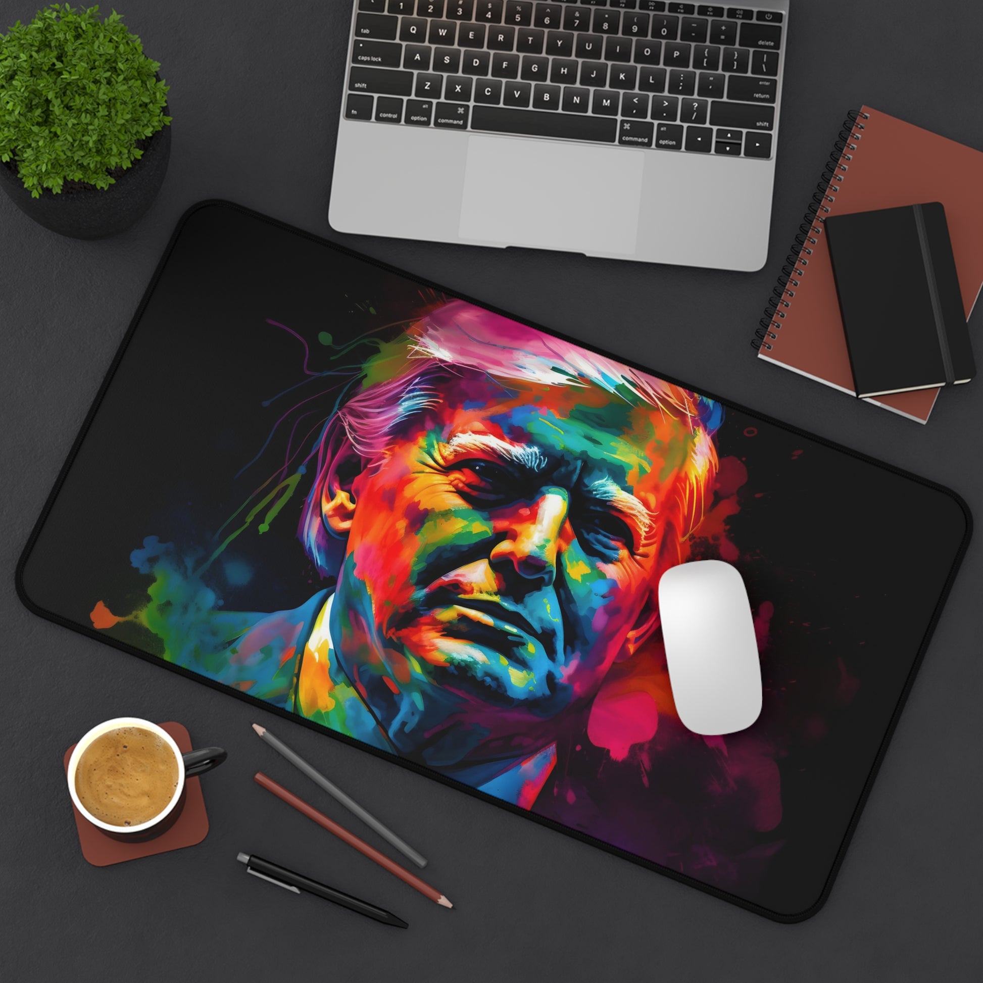 "Trump Neon Desk Mat - Bright watercolor design adds personality and protection to workspace"