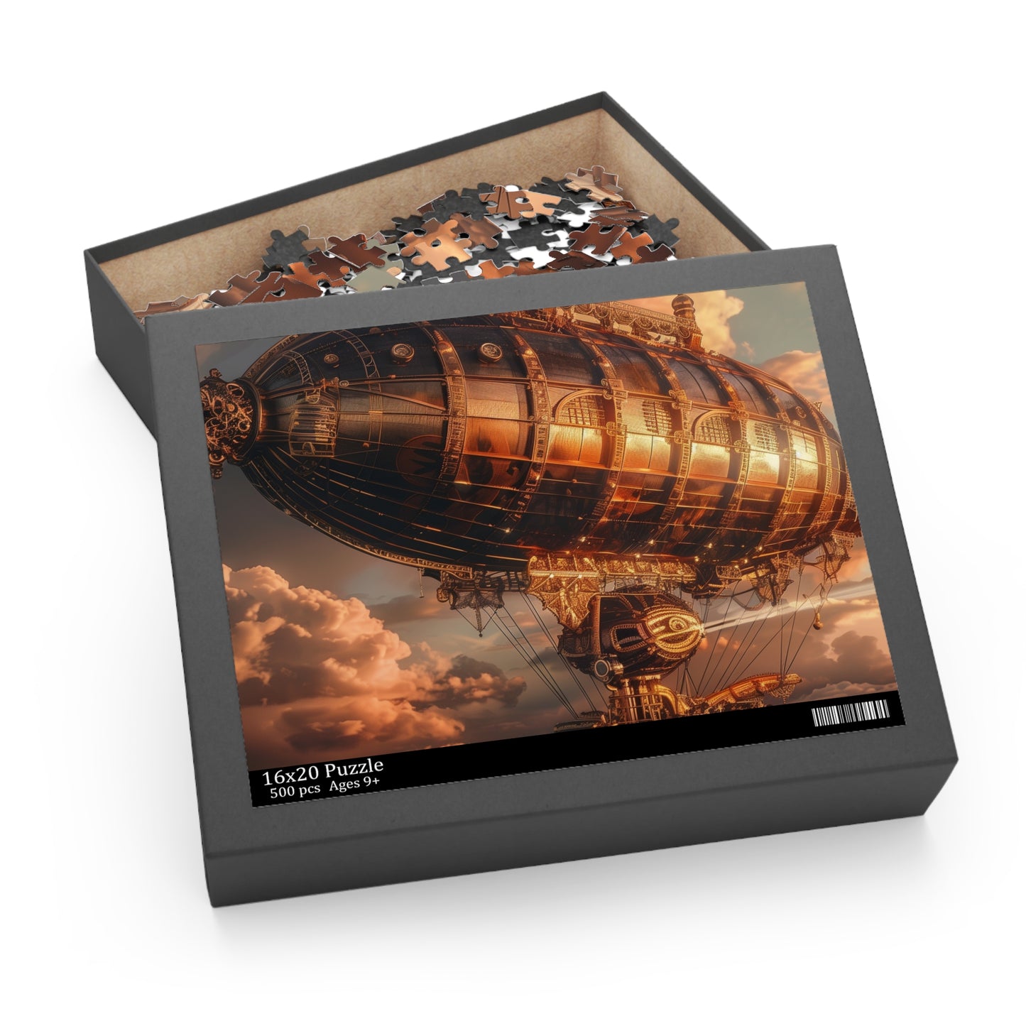 "Steampunk Airship Sky Puzzle - Intricate details and vibrant colors"