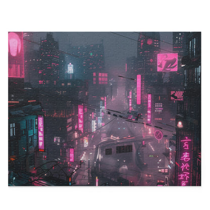 Neon Cityscape Cyberpunk Jigsaw Puzzle - Vibrant and detailed cityscape design for sci-fi lovers and puzzle enthusiasts.