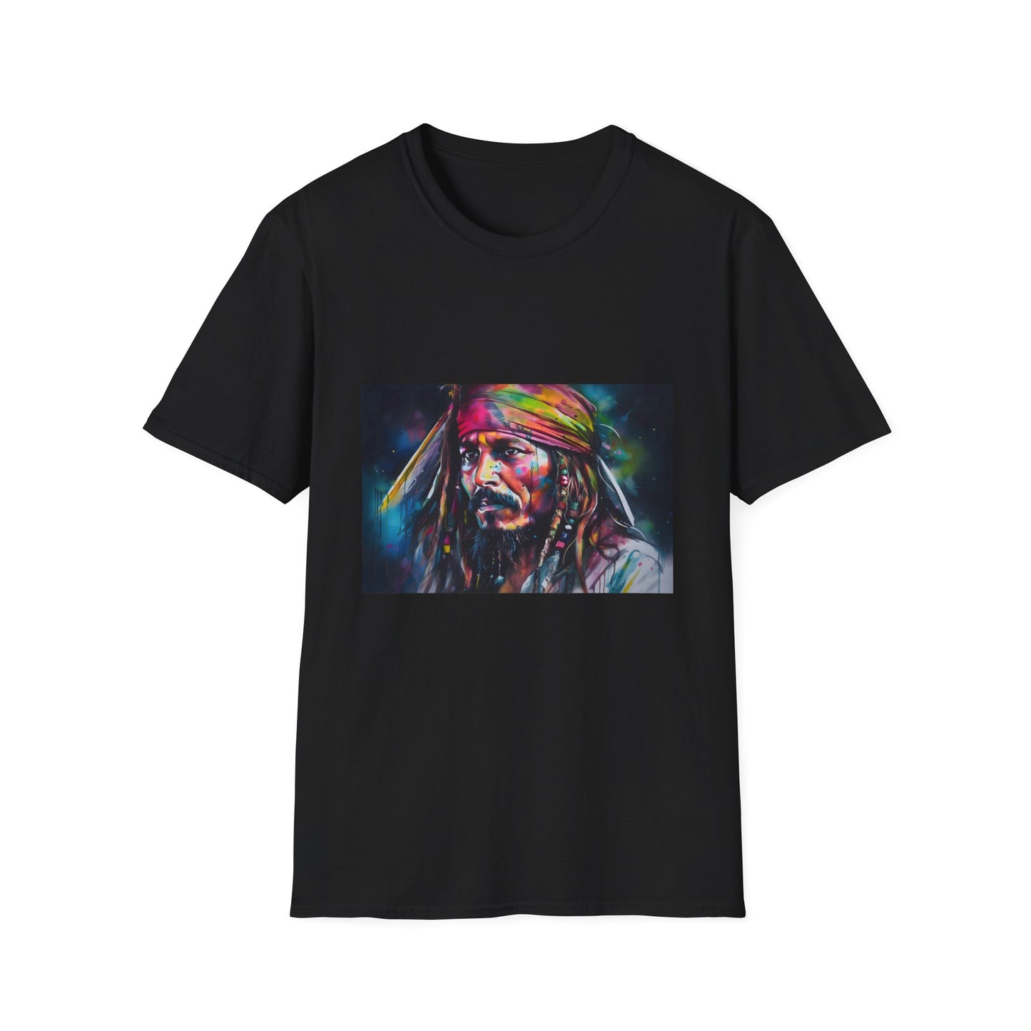 Pirate Legend in Neon Radiance | T-Shirt | adventure fashion, captin sparrow, caribbean style, jack sparrow tee, nautical clothing, neon colors, pirate artwork, pirate graphic, sea tee, watercolor piraete | Prints with Passion