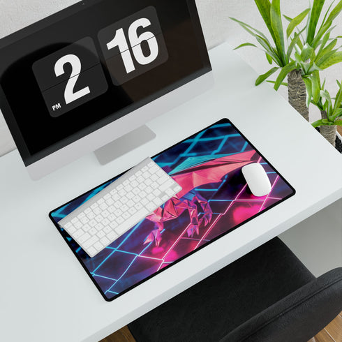 Origami Dragon over a Neon Grid — XL & XXL Desk Mat — Product Detail View 7