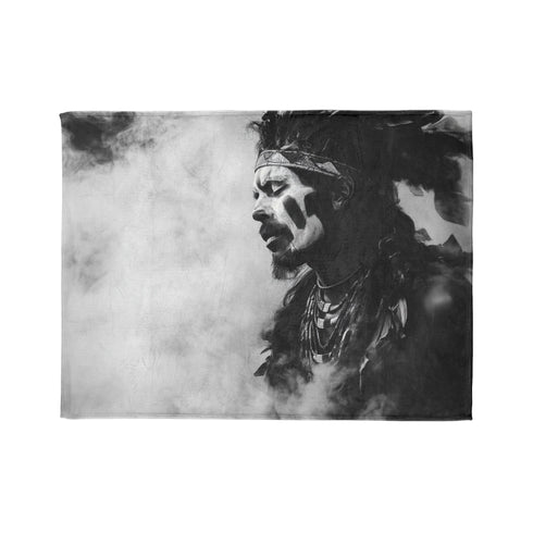 Tribal Warrior Made of Smoke — Plush Fleece Throw Blanket — 300 GSM Plush Coral Fleece Texture Close-Up