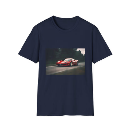 "Adrenaline Rush on the Racing Circuit T-shirt featuring a sleek Ferrari in vibrant colors symbolizing speed and power"