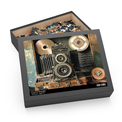 Vintage camera and film reels jigsaw puzzle - perfect for photography lovers. Piece together nostalgia in this charming puzzle.