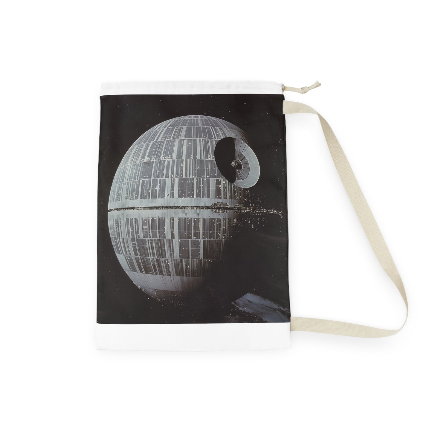 "Death Star Star Wars laundry bag, perfect for transporting dirty laundry to the dark side. Ideal for Star Wars fans adding fun to chores."