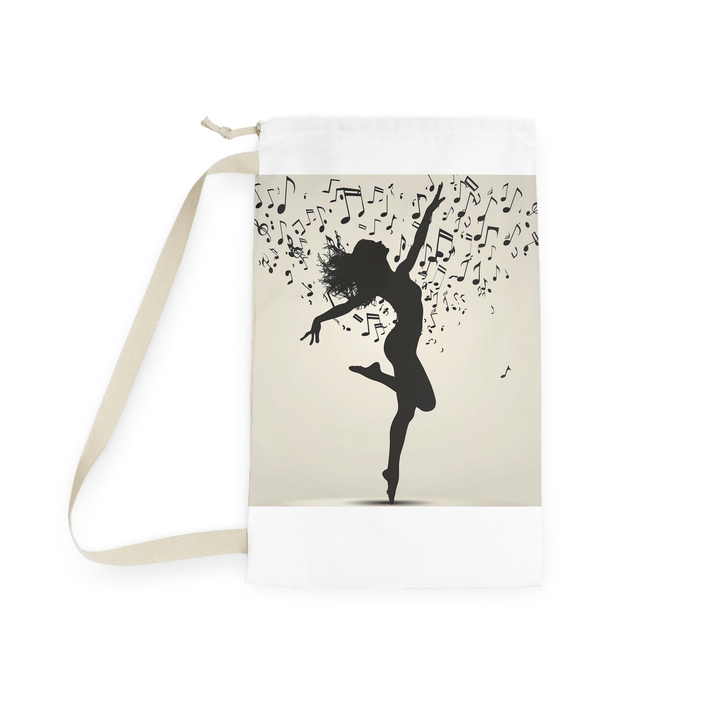 "Stylish Dance and Music Laundry Bag with Dancer Silhouette and Musical Notes - Perfect for Dance Lovers and Music Enthusiasts"