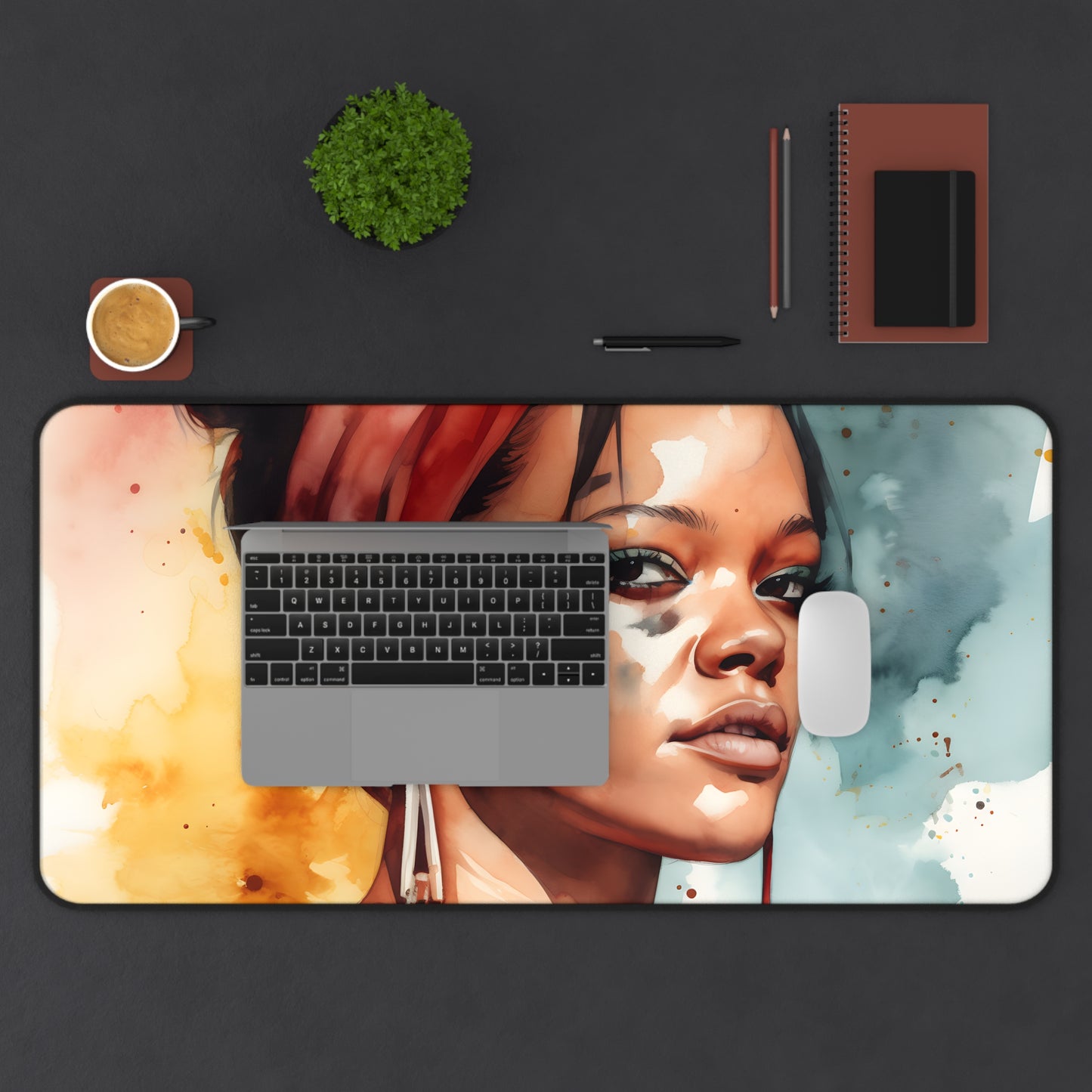 "Rihanna watercolor desk mat for stylish and functional workspaces"