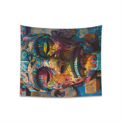 "Neon Tribe Mask Tapestry: Vibrant tribal mask art in neon hues, high-quality material, perfect for all seasons. Great gift! Available in 34x40" and 57x57" sizes. Shop now!"