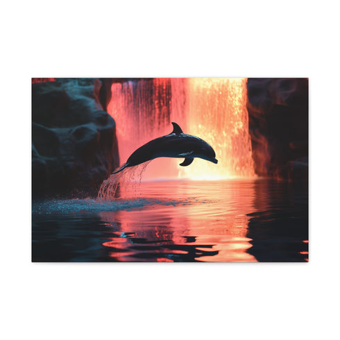 Holographic Dolphin Jumping from Mirror Pool — Canvas Wall Art — Front Gallery-Wrapped Canvas View
