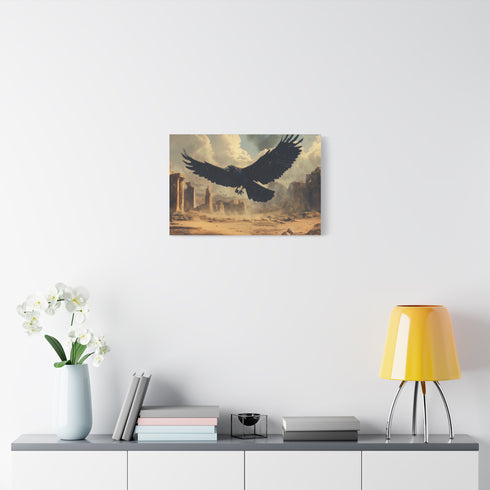Giant Raven Flying over Desert Ruins Stretched Canvas Wall Art