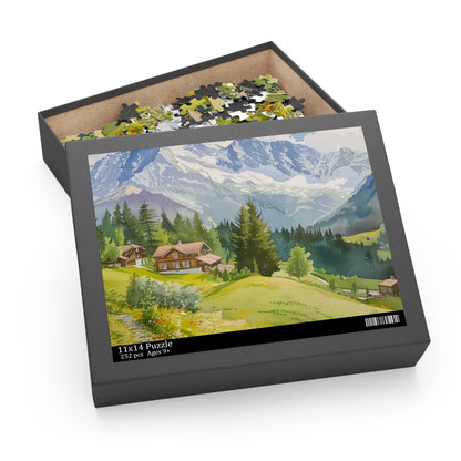 Swiss Alps Watercolor Puzzle - vibrant hues and intricate details bring the breathtaking beauty of the mountains to life.