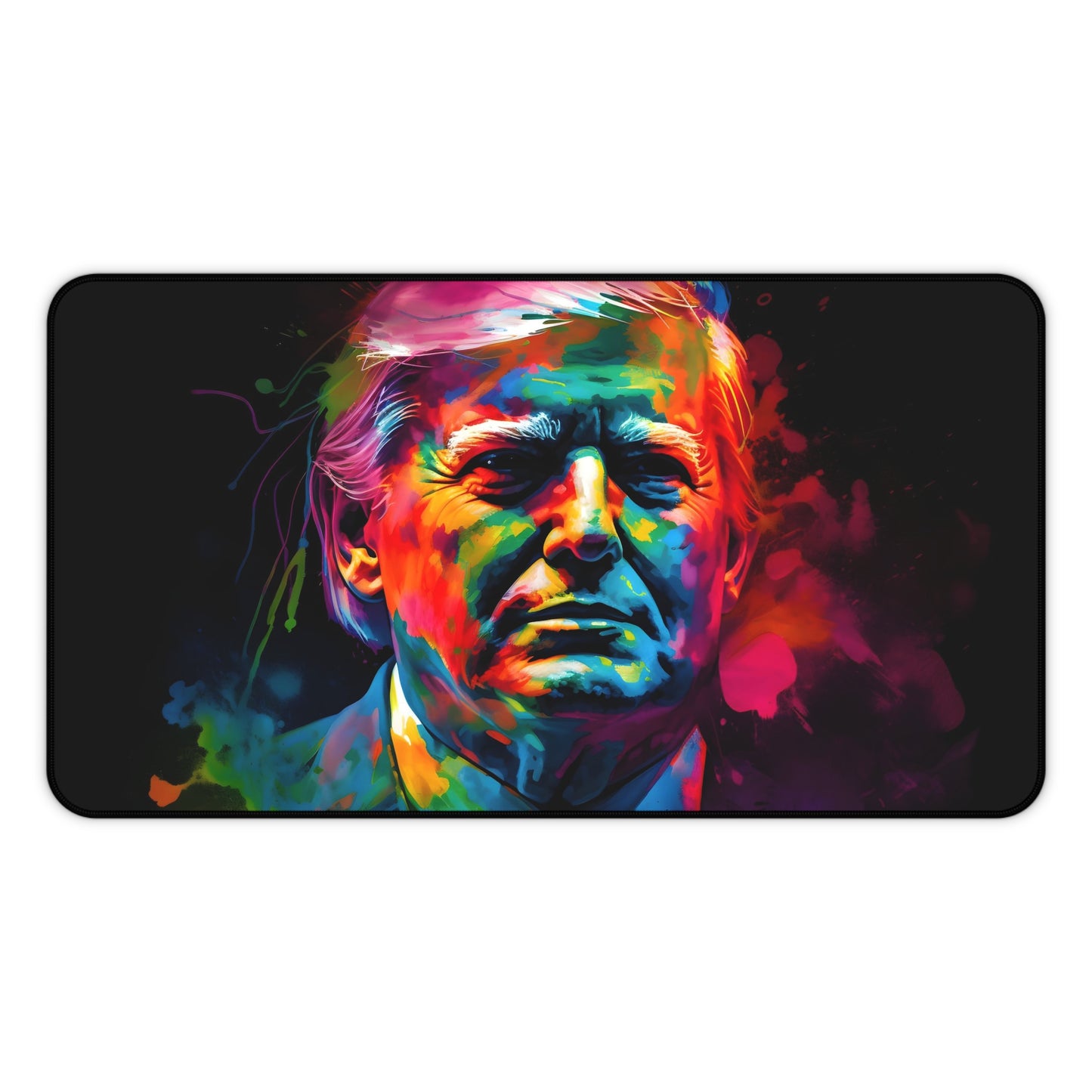 "Trump neon desk mat with vibrant watercolor design, adds personality and protection to workspace"