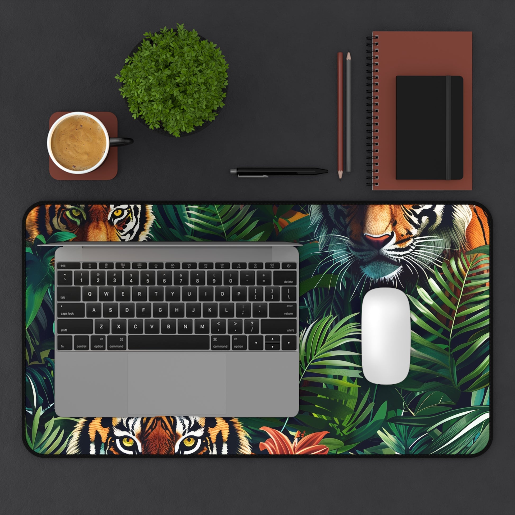 "Transform your workspace with Tiger Jungle Desk Mat featuring majestic tigers and lush jungle pattern"