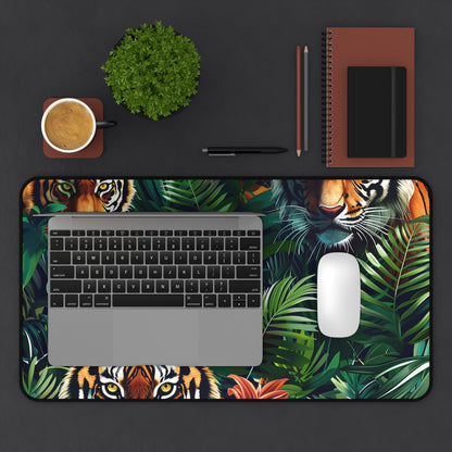 "Transform your workspace with Tiger Jungle Desk Mat featuring majestic tigers and lush jungle pattern"