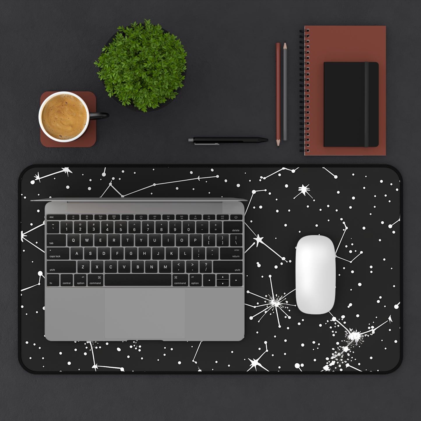 "Starry Night Desk Mat featuring seamless constellation pattern for celestial workspace vibes"