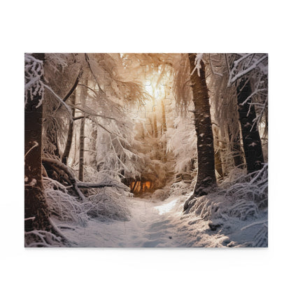 "Cozy Winter Wonderland Jigsaw Puzzle - Serene snow-covered forest scene for relaxing nights"