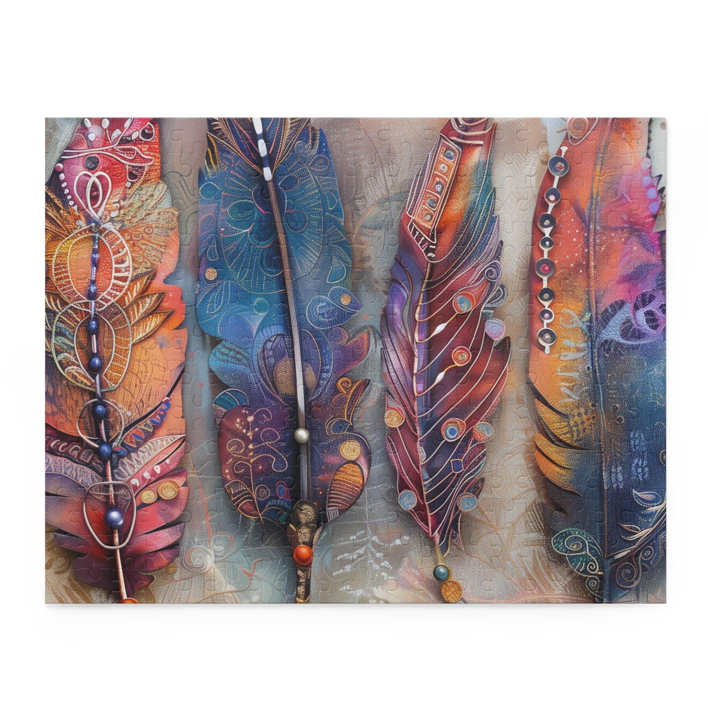 Colorful Bohemian Feather Jigsaw Puzzle for Relaxation - Intricate design for unwinding and escaping into a vibrant world.