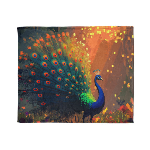 Ghost Peacock in Pixel Forest — Plush Fleece Throw Blanket — Draped Over Sofa & Bed Lifestyle View