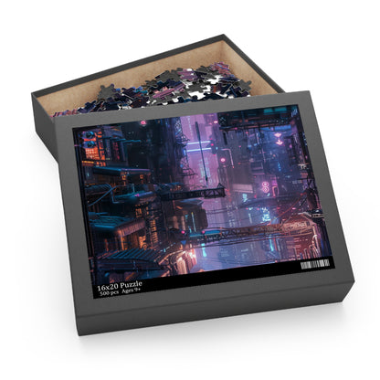 Neon Cityscape Cyberpunk Jigsaw Puzzle - Intricate details, vibrant colors, and futuristic design. Perfect challenge for puzzle enthusiasts of all ages.