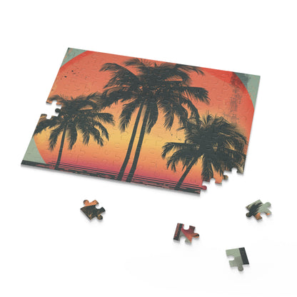 "Relaxing Palm Tree Paradise jigsaw puzzle with retro sunset design, perfect for unwinding"