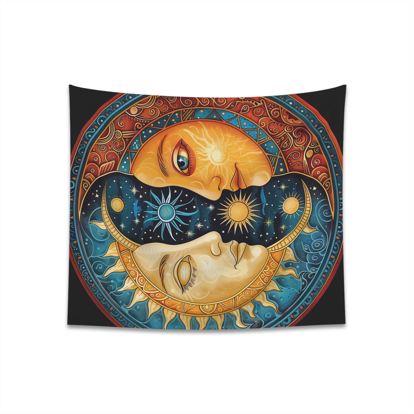 Celestial Mandala Tapestry: Sun and Moon Design for Harmony and Balance