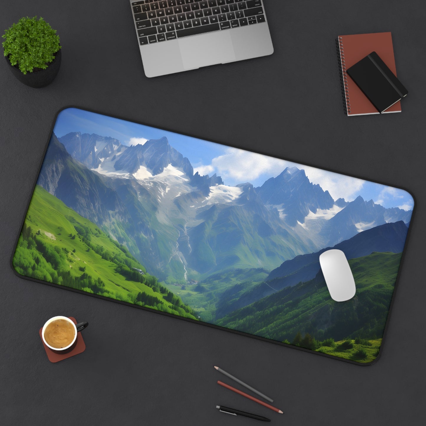 "Alpine Desk Mat Collection - Bring the French Alps to your workspace with our serene mountain view desk mat. Nature-inspired and perfect for your daily grind."