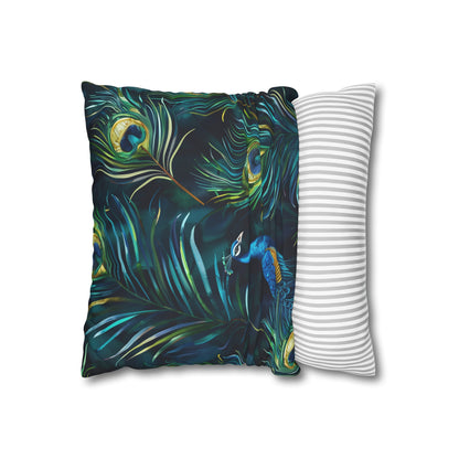 "Vibrant blue peacock feather pillowcase, luxurious oasis for elegant bedroom decor"