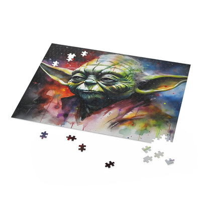 Yoda Neon Watercolor Puzzle - Unique Star Wars themed jigsaw puzzle with vibrant neon colors, perfect for fans.