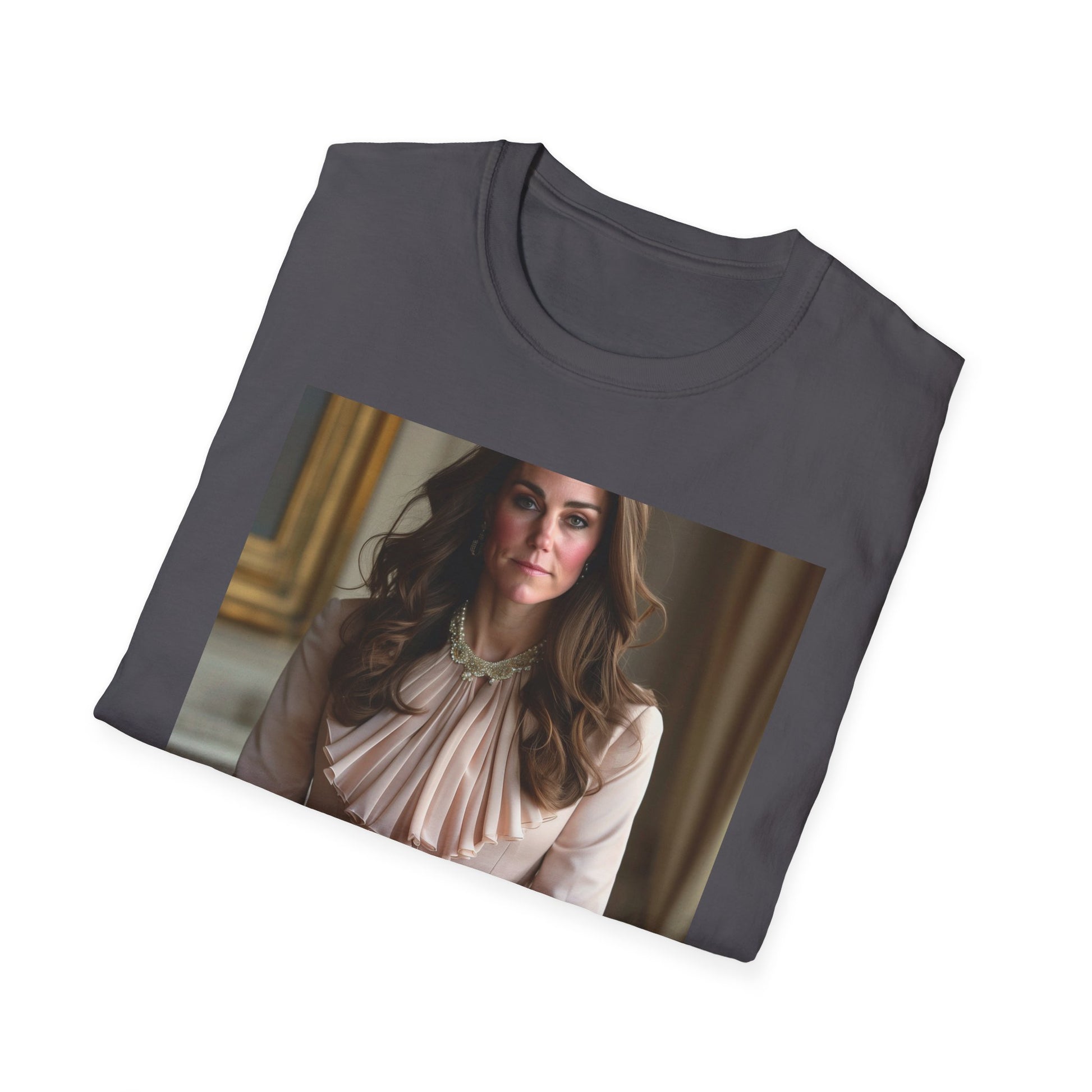 Royal Tapestry T-shirt inspired by Kate Middleton's enduring legacy, featuring soft brushstrokes and sophisticated color palette. Embody grace and strength with this captivating tee celebrating the Duchess of Cambridge's unwavering dedication.