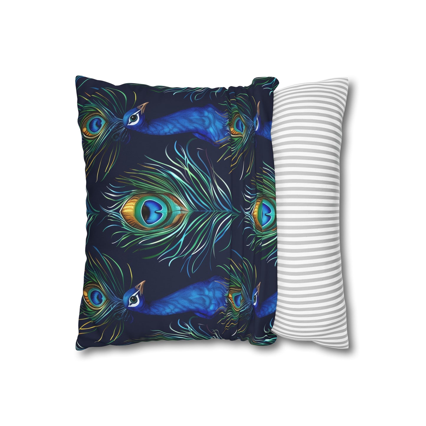 "Vibrant blue peacock feathers pillowcase with seamless pattern, soft and stylish decor accent"