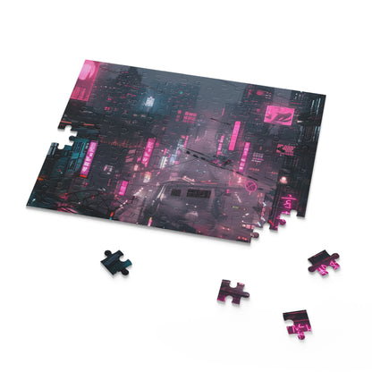 Neon Cityscape Cyberpunk Jigsaw Puzzle - Vibrant and detailed design for sci-fi lovers and puzzle enthusiasts.