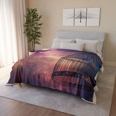 Bird Cage Floating Above Galaxy — Plush Fleece Throw Blanket — Product Detail View 12