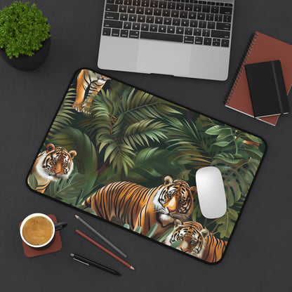 "Wild Jungle Safari Tiger Desk Mat - Stay inspired with seamless jungle pattern & majestic tigers for organized workspace"