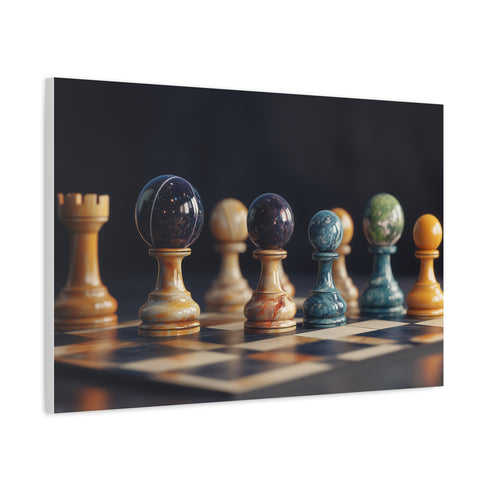 Chessboard with Cosmic Planets As Pieces Stretched Canvas Wall Art