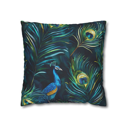 "Vibrant blue peacock feather pillowcase, luxurious oasis with seamless pattern for elegant bedroom decor"