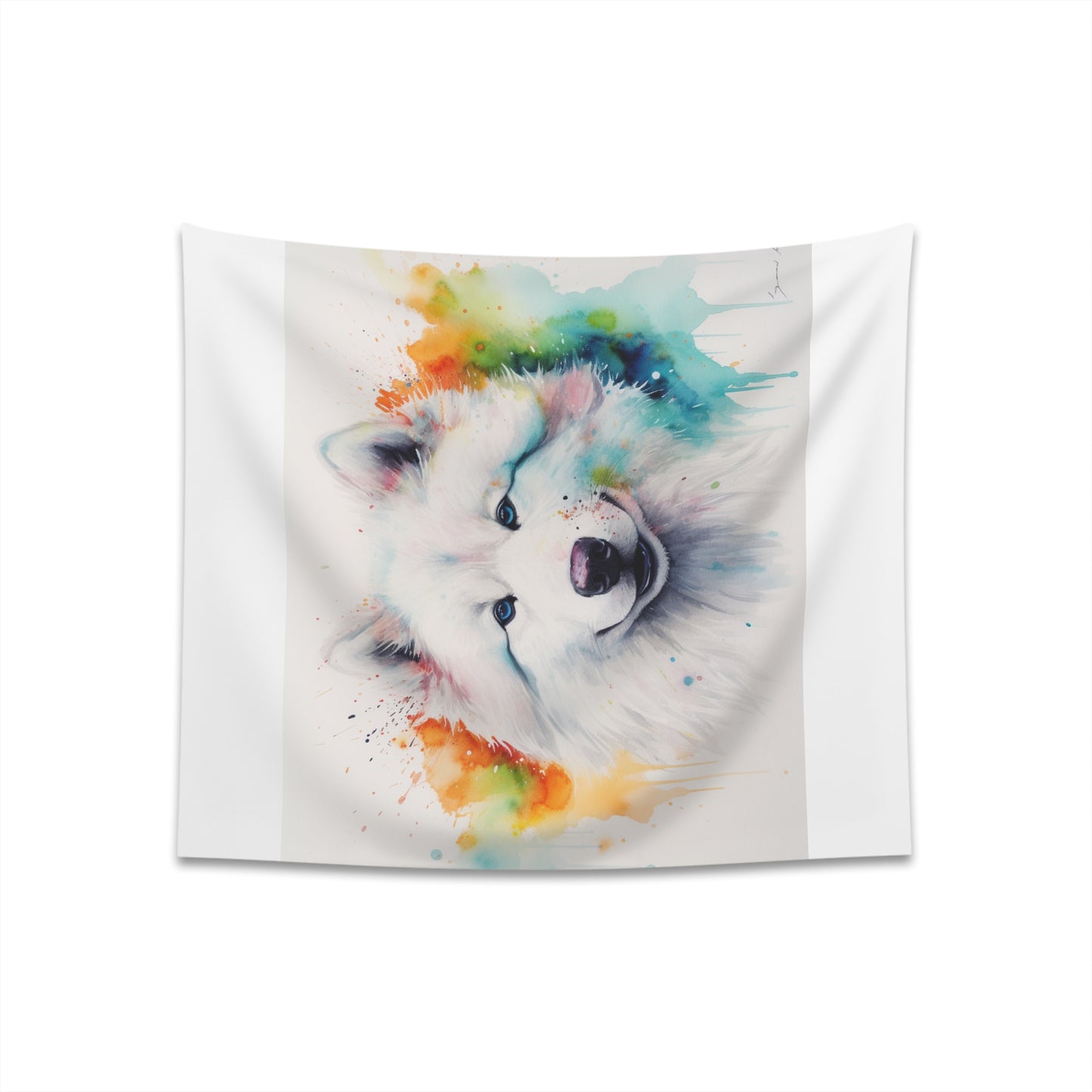 "Samoyed Smiles Watercolor Tapestry: Joyful dog design in two sizes, perfect for gifting and decorating any space"