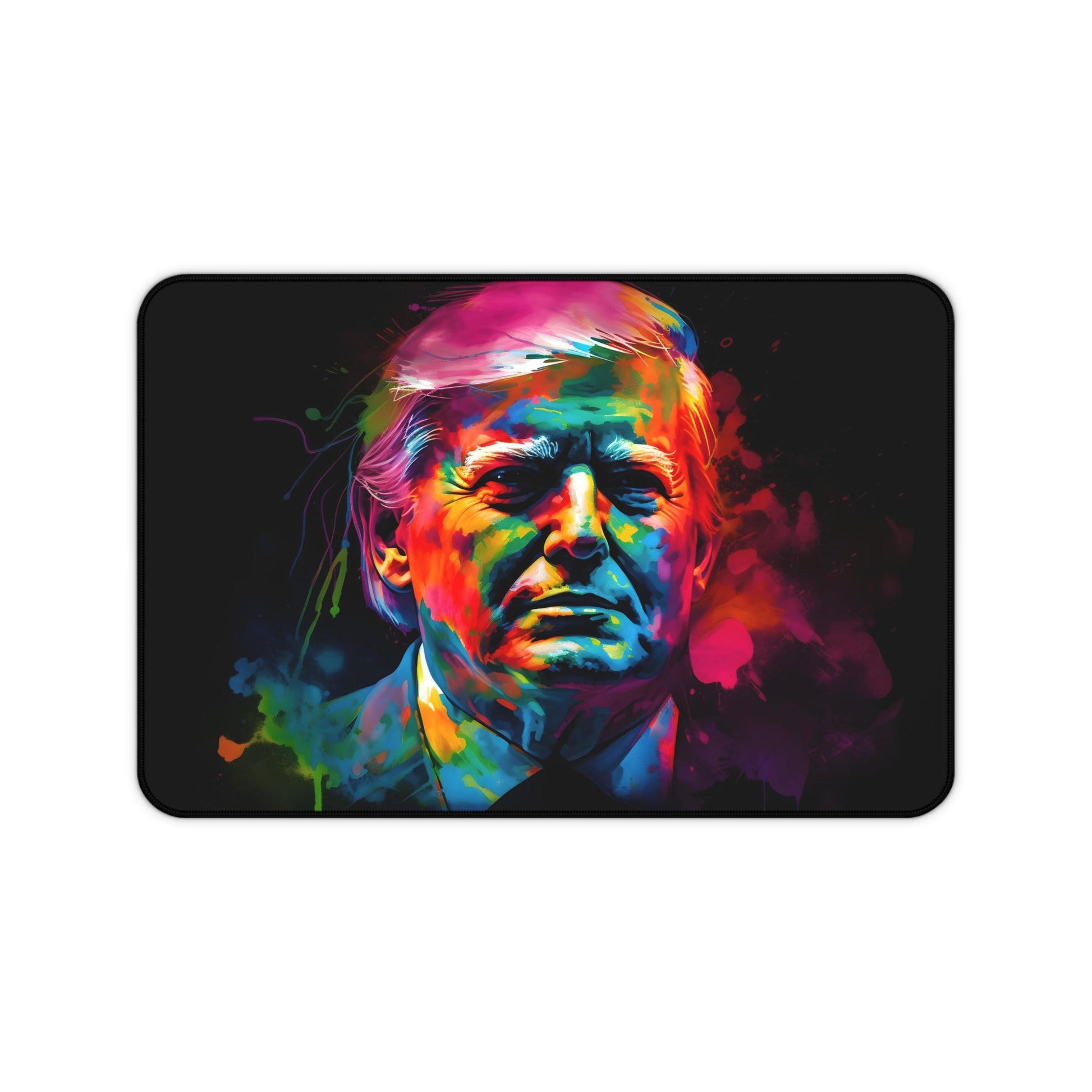 "Trump Neon Desk Mat - Vibrant watercolor design of Donald Trump for stylish workspace protection"